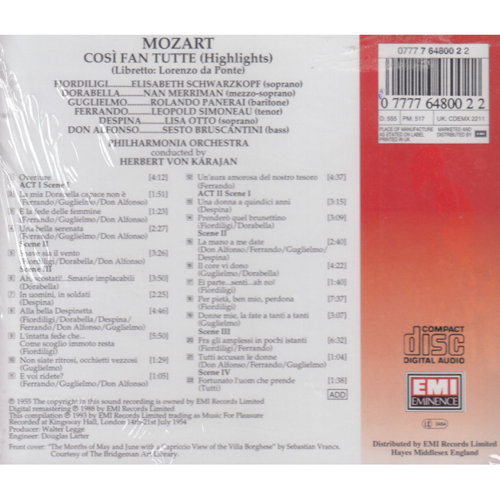 KARAJAN HERBERT VON - MOZART: COSI FAN TUTE - 3CD/R