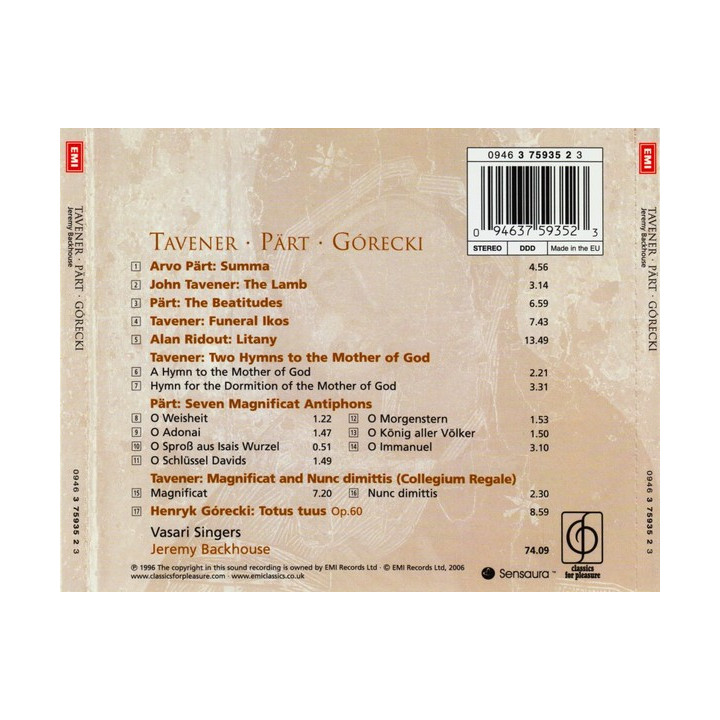 BACKHOUSE JEREMY         C976 - TAVENER/PART/GORECKI - 1CD