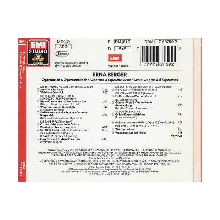 BERGER, ERNA             A1682 - OPERNARIEN UND OPERETTENLIEDER - 1CD