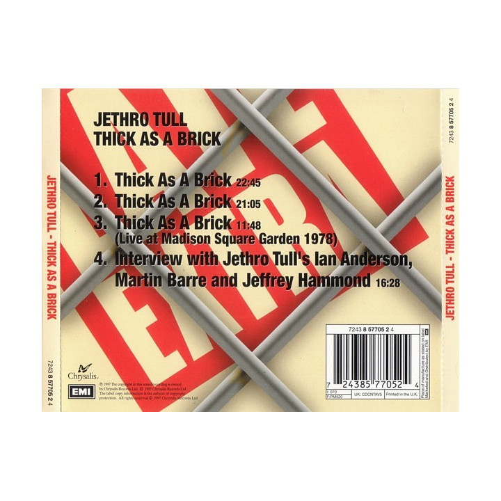 JETHRO TULL - THICK AS A BRICK - 1CD